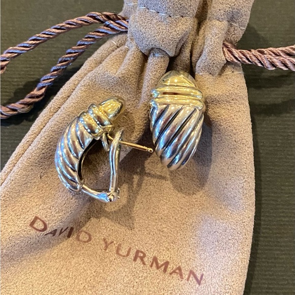 Authentic David Yurman Two Tone SS/ 14K Gold  Pierced Omega Clip Back Earrings - Picture 2 of 8